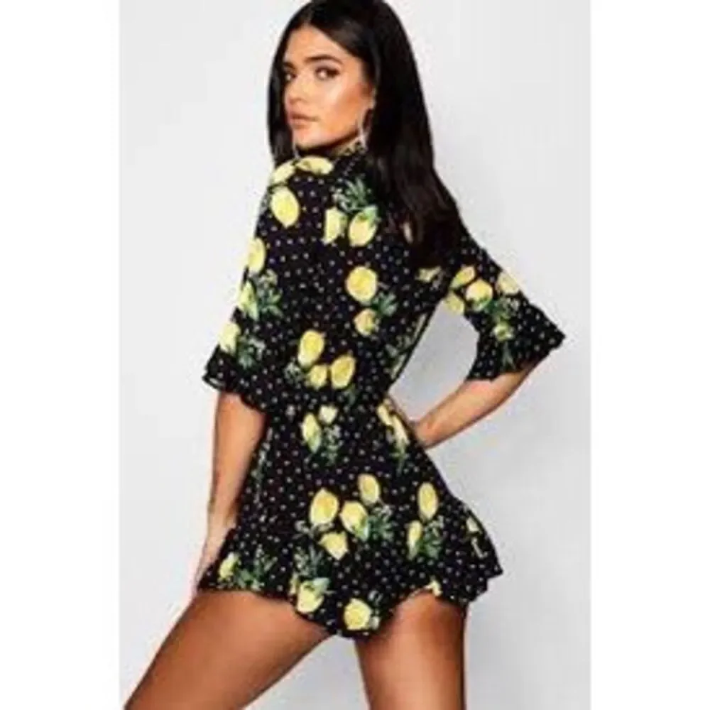 Boohoo LEMON POLKA DOT WRAP RUFFLE ROMPER SZ 20 - Picture 2 of 10